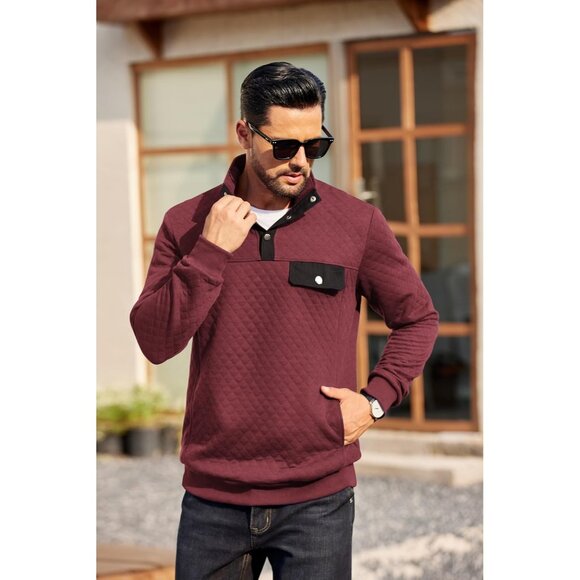 Men's Sweatshirt Quarter Button Pullover Sweatshirt Stand Collar Polo Wine Red - Picture 3 of 6